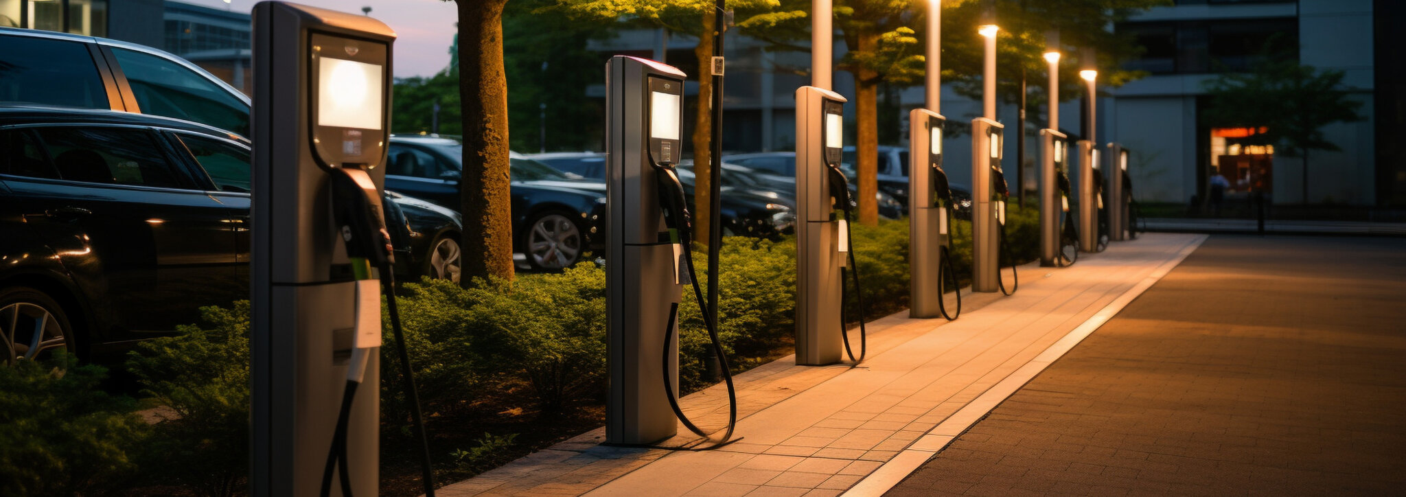 Electric Vehicle Charging Stations lined up at night.