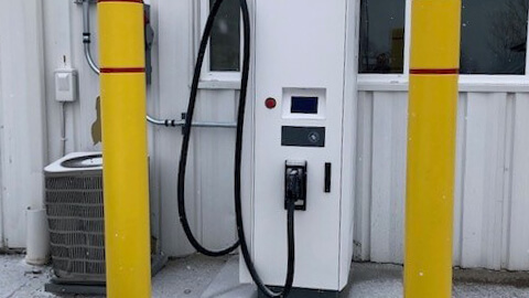 A picture of a level 3 commercial electric vehicle charging station O'Connell Electric installed